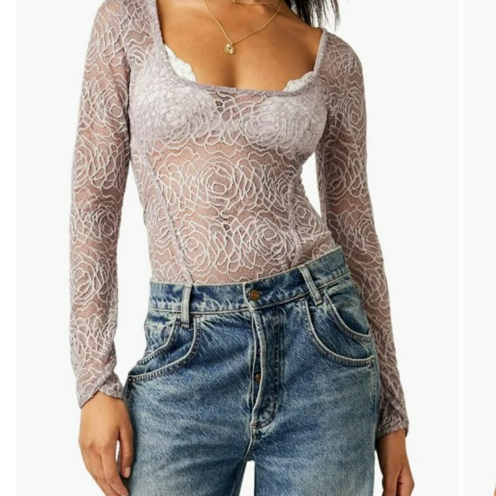 Free People Intimately in My Head Sheer Lace Lilac Purple Bodysuit Size M - NEW